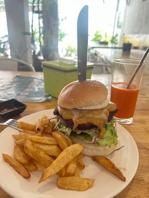 Vegan burger and carrot & ginger juice  at Kebab & Falafel Time in Siem Reap