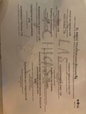 Vegan/veggie menu as of 12/1/23 at Las Chicas in Faringdon