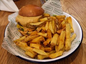 "Plant" vegan burger with fries on the side at Honest Burgers - Brewer St Soho in London