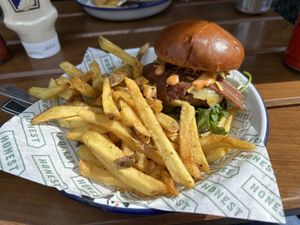 Vegan bacon cheeseburger with chips  at Honest Burgers - Camden in North West London