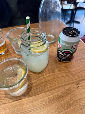 house made lemonade and gluten free vegan beer  at Honest Burgers in Cardiff
