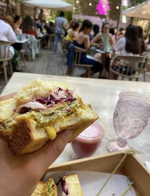 Tasty sandwich w/ pink latte   at Donkey Breakfast in Thessaloniki