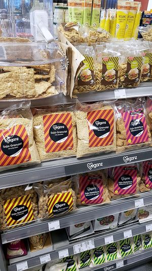 Section of dry soy products at Veganz - Prenzlauer Berg in Berlin