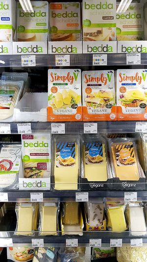 Excerpt of vegan cheese section at Veganz - Prenzlauer Berg in Berlin