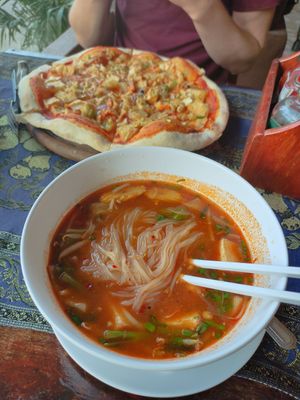 Thai noodle soup and massaman pizza at Chu Chu Thai Food & Pizza in Koh Tao