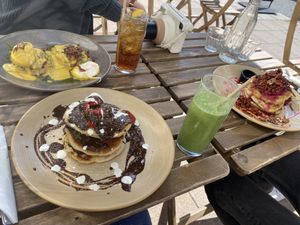 My bday pancakes and green smoothie   at T @ Hove in Hove