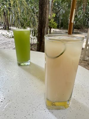 Ginger-mint lemonade, and soursop juice  at Fit-a-licious in Tulum