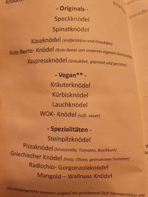 Menu at Fink's Südtiroler Knödelküche Zürich in Zurich