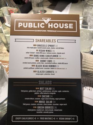 Vegan menu as of Jan 2024  at Public House in Ferndale