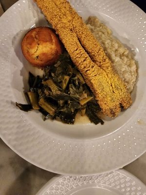 Eggplant "catfish", collard greens,  grits, and a jalapeño cornbread muffin. Yummm! at Public House in Ferndale