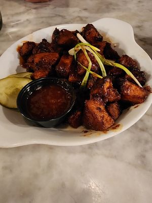 Vegan burnt ends. Made with sweet potatoes and BBQ sauce with actual kick! So good. at Public House in Ferndale