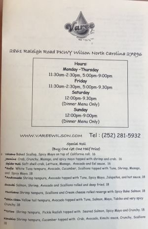 Menu at Varee  at Varee in Wilson