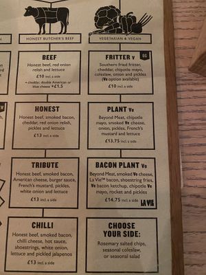 Vegan options  at Honest Burgers - Southbank in South East London