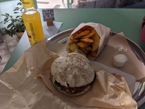 Vegan Tofux-Burger with marinated tofu in crispy crust, Chickpeas fritters. at PLANTE Lab in Catania