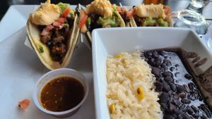 Vegan tacos with rice and beans at Plaza Azteca in Kill Devil Hills