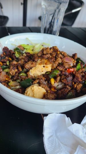 Vegan bowl with cheese and crumbles at Plaza Azteca in Kill Devil Hills