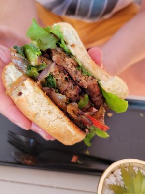 Double patty beyond burger vegan gf bun at Seawiches Lounge Bar in Roatan