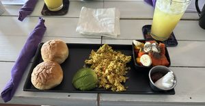 Fresh rolls with jam & vegan cream cheese, tofu scramble and fresh fruit.   at Seawiches Lounge Bar in Roatan