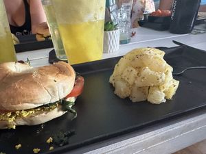 Breakfast sandwich and potatoes   at Seawiches Lounge Bar in Roatan