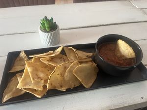 Homemade still warm pita chips and salsa  at Seawiches Lounge Bar in Roatan