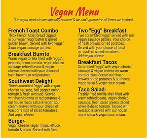 Close-up of the vegan menu. at Biscuits Cafe in Canby