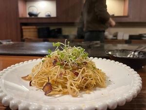 vegan pepperoncino pasta - very tasty! at TEPPANYAKI RAI in Ninohe
