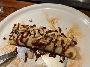 Vegan crepe with anko and vanilla soy ice cream filling, kinako, date syrup and fried rice cracker/sesame on top - 1,000,000% recommend! at TEPPANYAKI RAI in Ninohe