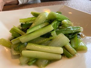 Stir-fried Vegetables with Garlic - This time they used chingensai, komatsuna, and urui. at Rontanshuka in Ninohe