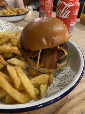 bacon burger without vegan cheddar  at Honest Burgers - Warren St in London