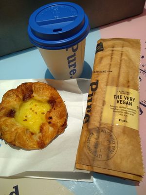 Vegan vanilla Danish, hot wrap, and coffee at LGW - Pure - Gatwick Airport - NT in Horley