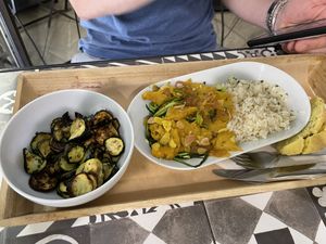 Roasted zucchini (so good) and Seitan with Rice (so great!¥  at Rosebymary in Milan