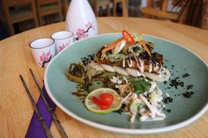 International Salon Culinaire Silver medal winning dish: Glazed vegan okonomiyaki with tempura and crispy kale.  at River Green Restaurant in Norwich