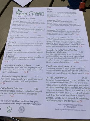 Current menu (July 2021) at River Green Restaurant in Norwich