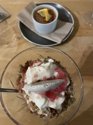 Crème brûlée & Rhubarb cranachan   at River Green Restaurant in Norwich