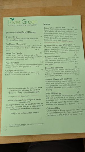 Menu July 2025 at River Green Restaurant in Norwich