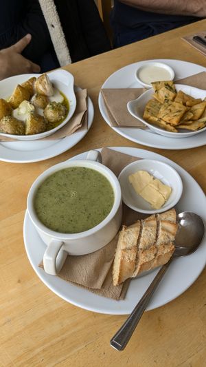 Broccoli soup, potatoes with pesto and panelle at River Green Restaurant in Norwich