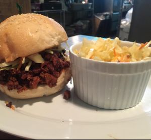 pulled pork with coleslaw at The Hogtown Vegan in Toronto