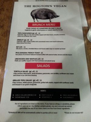 Weekend brunch menu at Hogtown Vegan. at The Hogtown Vegan in Toronto