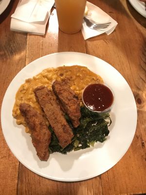 southern combo - unchicken strips, mac and cheese, collars greens at The Hogtown Vegan in Toronto