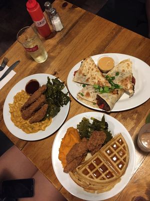 Chicken n waffles, quesedilla, chicken and mac n cheese at The Hogtown Vegan in Toronto