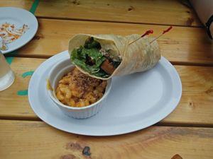 wrap with mac-n-cheese at The Hogtown Vegan in Toronto