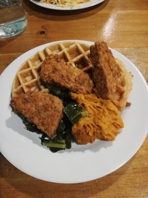 Fake chicken and waffles at The Hogtown Vegan in Toronto