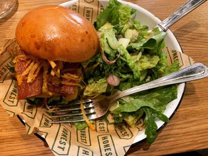 Chilli burger with ‘It’s Not Bacon’ and green salad.  at Honest Burgers - Leicester Square in London