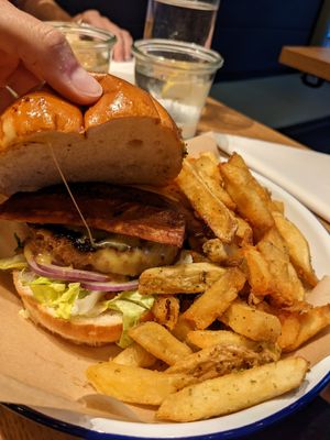 Tribute burger with extra bacon at Honest Burgers - Leicester Square in London