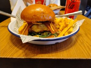 The Bacon Plant Burger with Rosemary fries at Honest Burgers - Leicester Square in London