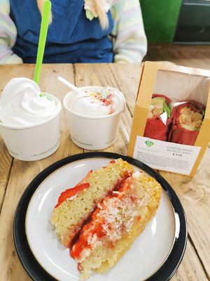 Strawberry cake, whipped ice cream, & beetroot chickpea wrap at Vemillion in Basingstoke