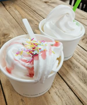 Whipped ice cream (one with strawberry sauce + sprinkles) at Vemillion in Basingstoke