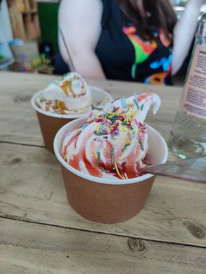 Soft icecream with strawberry syrup and rainbow sprinkles at Vemillion in Basingstoke
