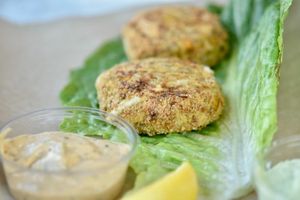 "Crab" Cakes bursting with flavor. Made with hearts of palm, creole seasoning, old bay, bell peppers and gluten free panko at Frederick Social in Frederick