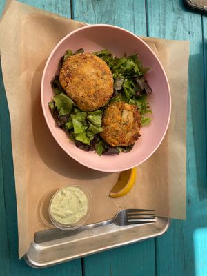 Vegan crab cakes with lime sauce   at Frederick Social in Frederick